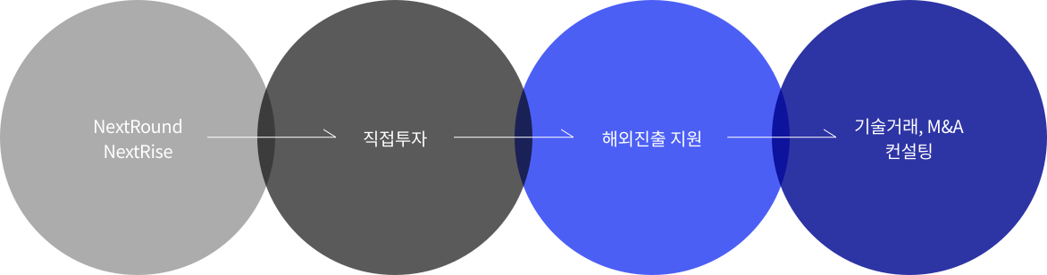 첫번째 NextRound&NextRise, 두번째 직접투자, 세번째 해외진출 지원, 네번째 기술거래, M&A 컨설팅